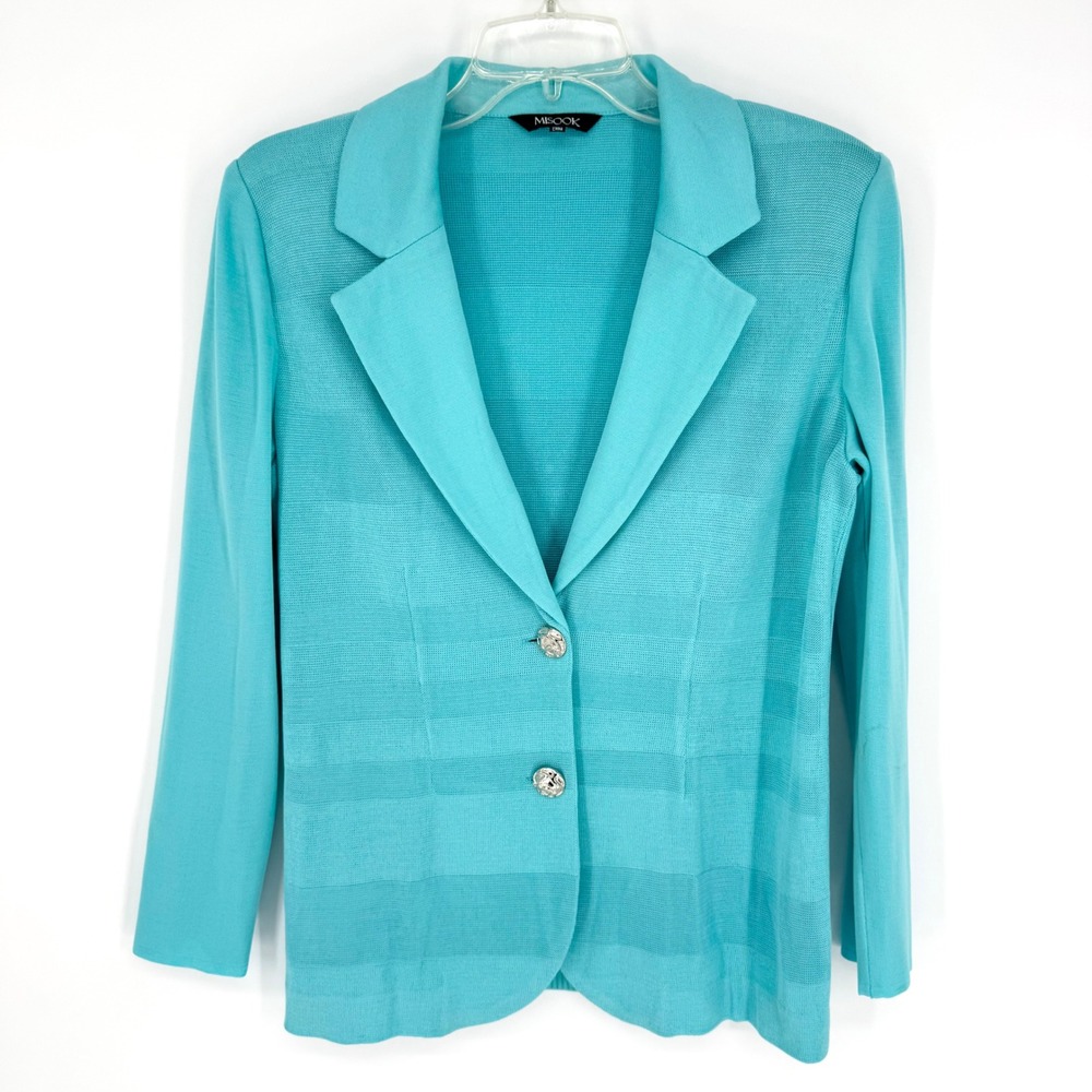 Misook Teal Knit Button Front Blazer Jacket Sz S Office Old Money Luxury Coastal